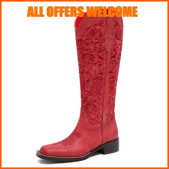 Embroidered Cowboy Boots Knee High Western Square Toe Low Heel Pull On